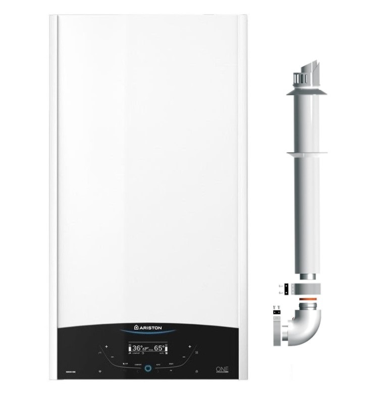 Centrala termica murala in condensare Ariston Genus One+ 24, Gaz, Tiraj fortat, 24 kW, Doua schimbatoare de caldura, Display digital, schimbator primar inox, kit de evacuare inclus