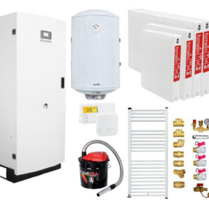 Centrala termica pe peleti Fornello GT 25 Standard, echipata cu pompa circulatie Wilo, vas expansiune, manometru, calorifere, boiler fornello 100 l, kit evacuare 3.5 ml, Termostat Salus 091FLRFV2 si Aspirator Cenusa, fitinguri