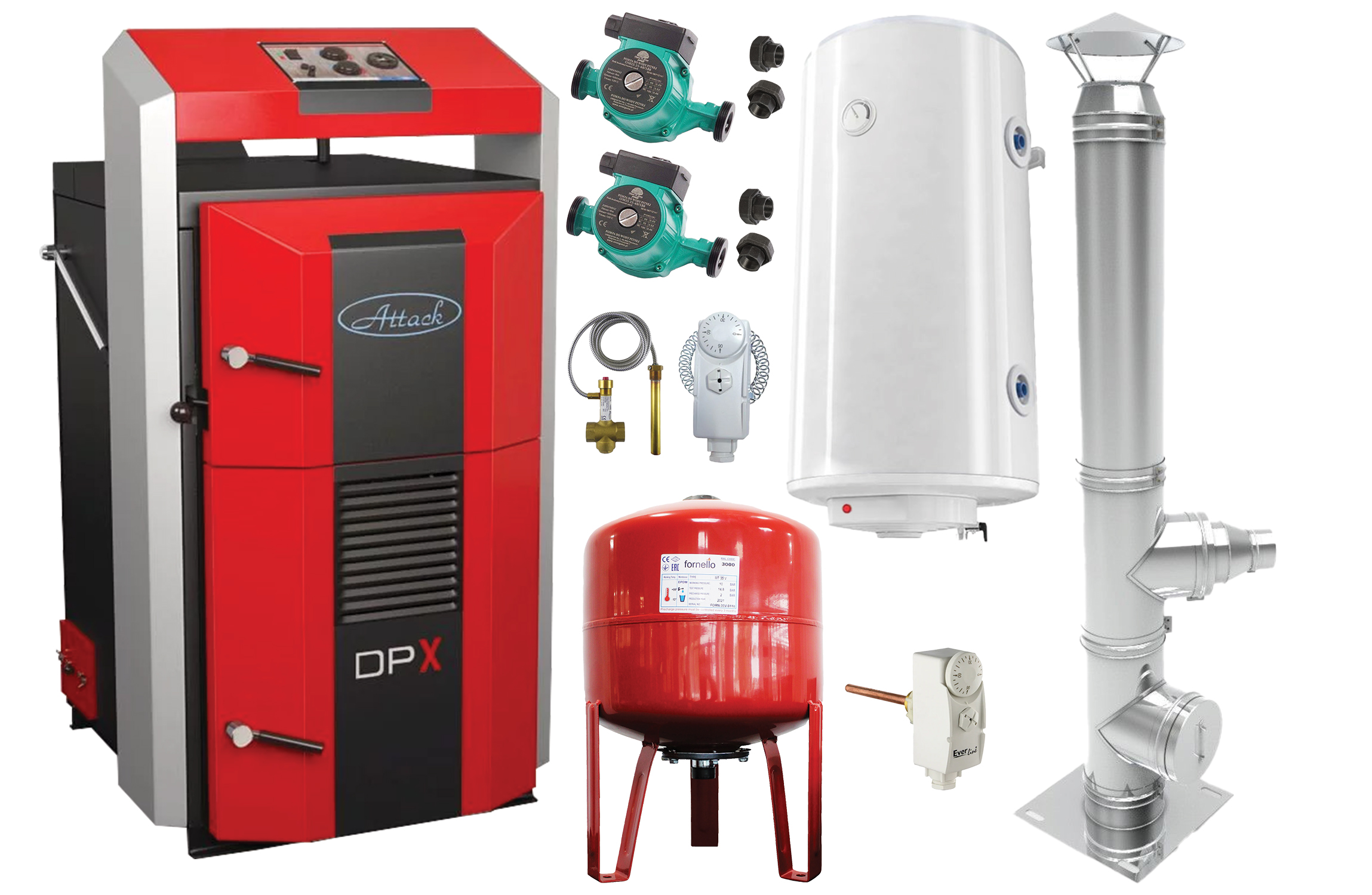 Pachet basic Cazan (centrala) pe combustibil solid, Attack DPX Standard cu gazeificare, 25 kW, cos inox, boiler, vas expansiune, 2 pompe, vana sts, termostat imersie si termostat contact