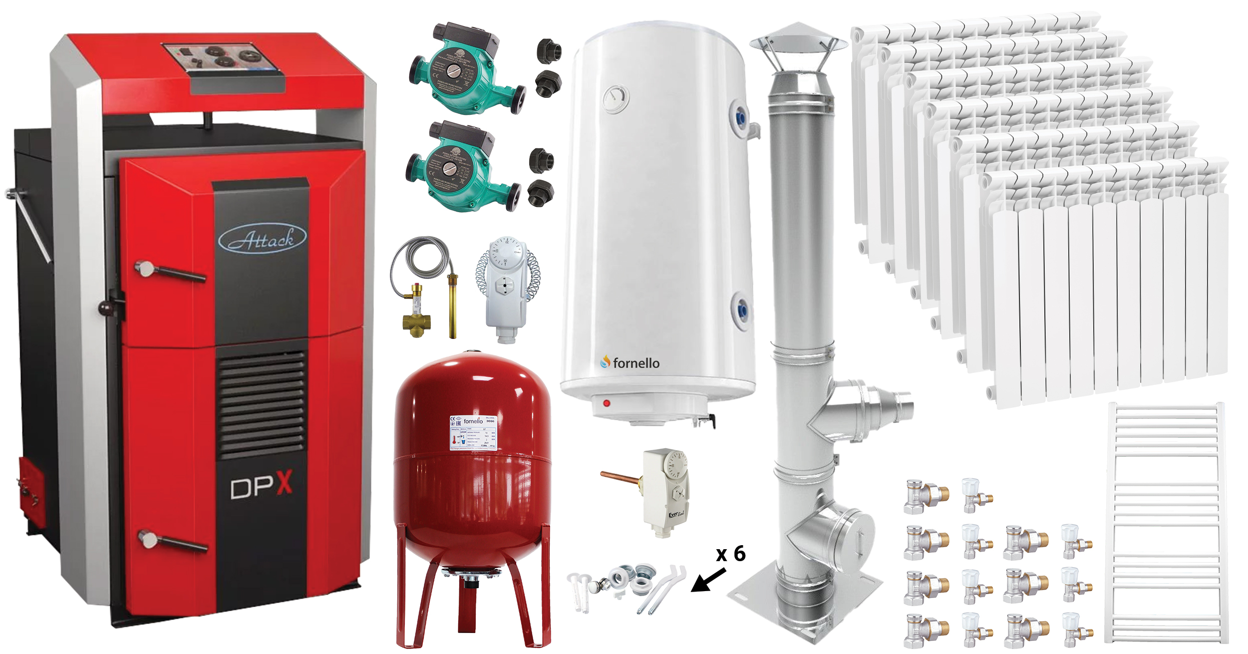Pachet basic Cazan (centrala) pe combustibil solid, Attack DPX Standard cu gazeificare, 35 kW, calorifere aluminiu, cos inox, boiler, vas expansiune, 2 pompe circulare, vana sts, termostat imersie si termostat contact