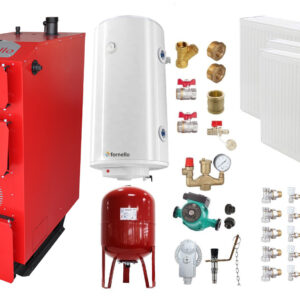 Pachet Cazan (centrala) pe combustibil solid, (lemn, carbune), Fornello Praktik 25 kW, Radiatoare Otel, Boiler, Vas Expansiune, Pompa, Fitinguri Montaj