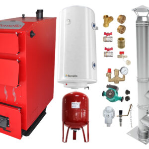 Pachet Cazan (centrala) pe combustibil solid, (lemn, carbune), Fornello Praktik 25 kW, Cos Inox, Boiler, Vas Expansiune, Pompa, Fitinguri Montaj