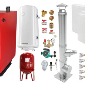 Pachet Cazan (centrala) pe combustibil solid, (lemn, carbune), Fornello Praktik 25 kW, Cos Inox, Radiatoare Otel, Boiler, Vas Expansiune, Pompa, Fitinguri Montaj