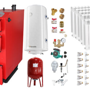 Pachet Cazan (centrala) pe combustibil solid, (lemn, carbune), Fornello Praktik 25 kW, Calorifere Aluminiu, Boiler, Vas Expansiune, Pompa, Fitinguri Montaj