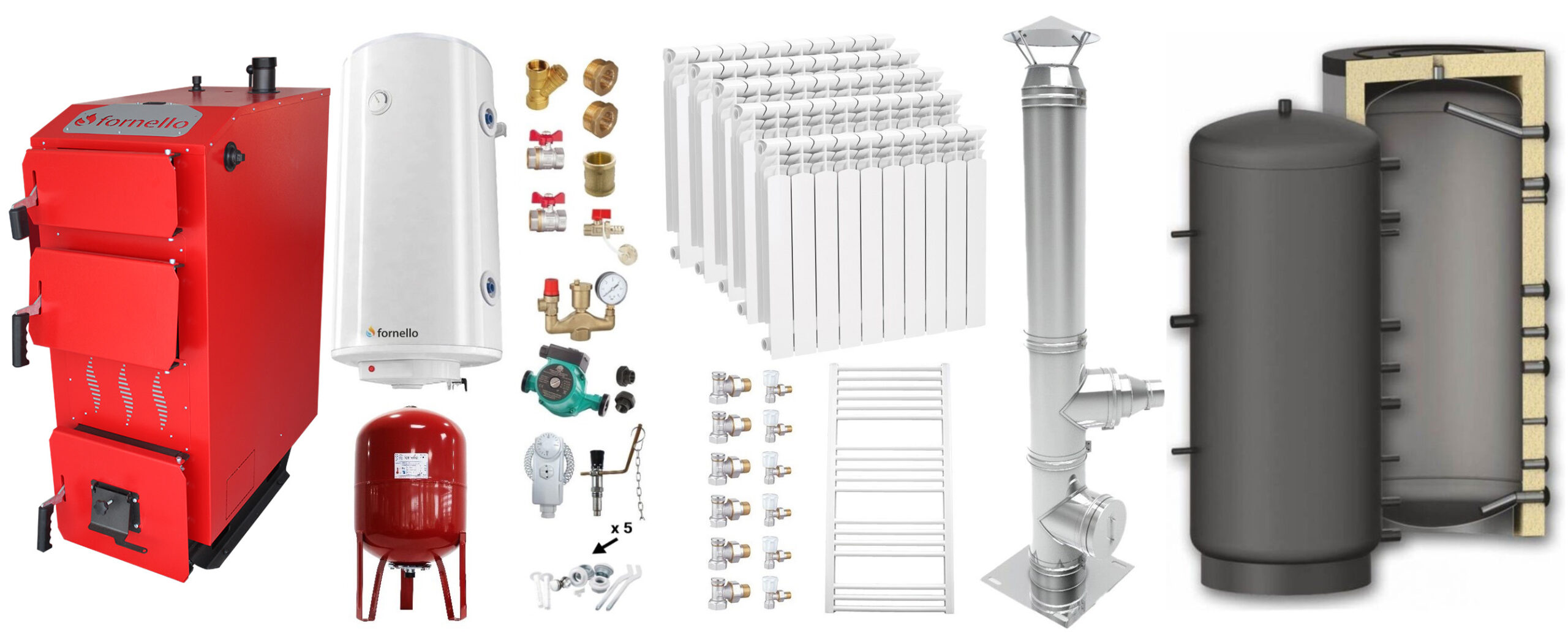 Pachet Cazan (centrala) pe combustibil solid, (lemn, carbune), Fornello Praktik 25 kW, Puffer 800 litri, Cos Inox, Calorifere Aluminiu, Boiler, Vas Expansiune, Pompa, Fitinguri Montaj
