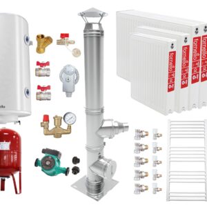 Pachet Centrala pe combustibil solid Fiama W 25 kW, Puffer 800 litri, Cos inox, Radiatoare Otel, Boiler Termoelectric, Vas Expansune, Pompa si Fitinguri Montaj