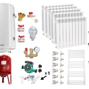 Pachet Centrala pe combustibil solid Fiama W 25 kW, Puffer 800 litri, Calorifere aluminiu, Boiler Termoelectric, Vas Expansune, Pompa si Fitinguri Montaj