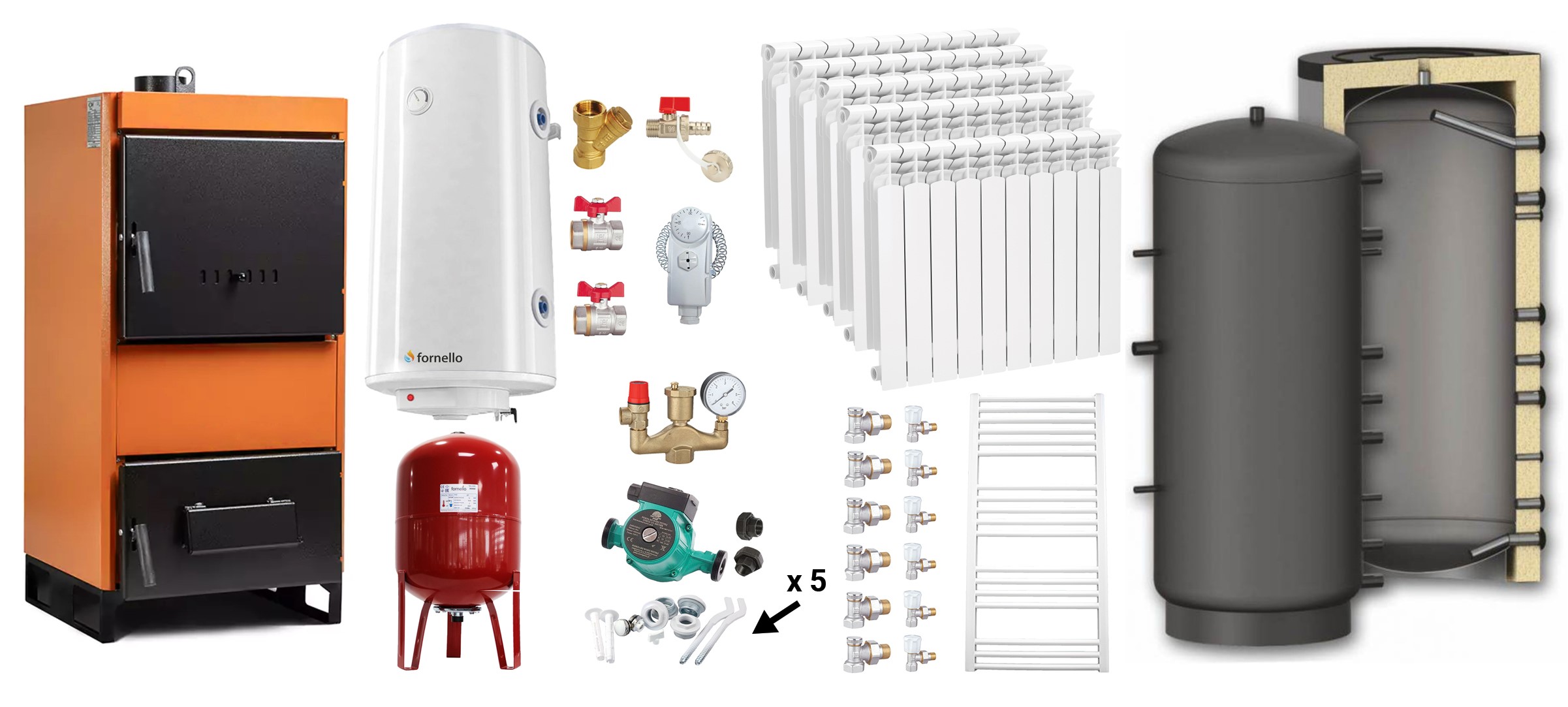 Pachet Centrala pe combustibil solid Fiama W 25 kW, Puffer 800 litri, Calorifere aluminiu, Boiler Termoelectric, Vas Expansune, Pompa si Fitinguri Montaj