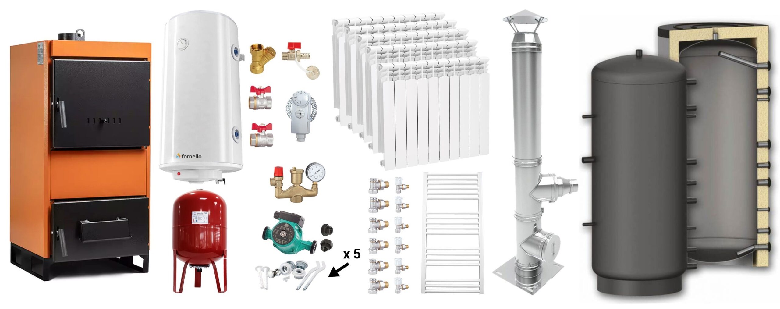 Pachet Centrala pe combustibil solid Fiama W 25 kW, Puffer 800 litri, Cos Inox, Calorifere aluminiu, Boiler Termoelectric, Vas Expansune, Pompa si Fitinguri Montaj