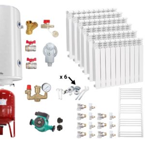 Pachet Centrala pe combustibil solid Fiama W 35 kW, Puffer 1000 litri, Calorifere aluminiu, Boiler Termoelectric, Vas Expansune, Pompa si Fitinguri Montaj