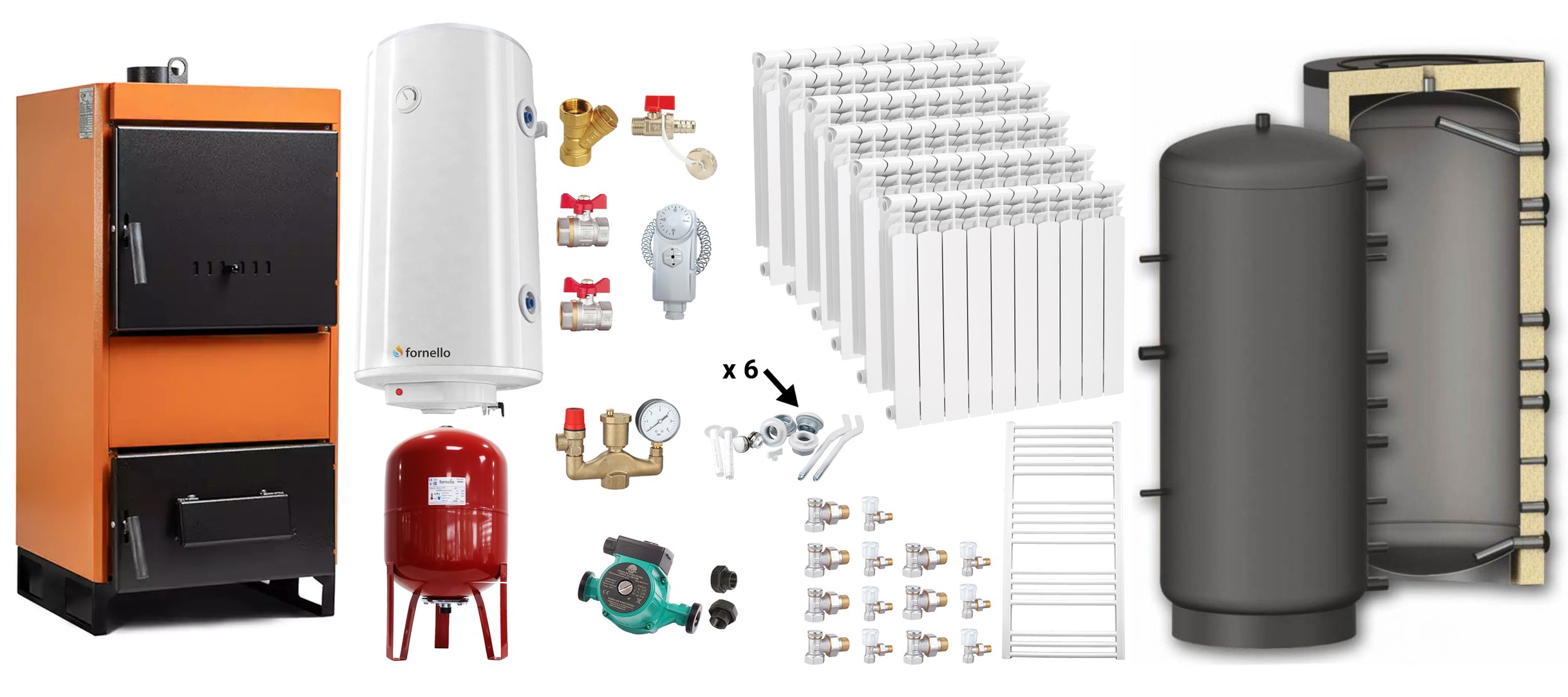 Pachet Centrala pe combustibil solid Fiama W 35 kW, Puffer 1000 litri, Calorifere aluminiu, Boiler Termoelectric, Vas Expansune, Pompa si Fitinguri Montaj