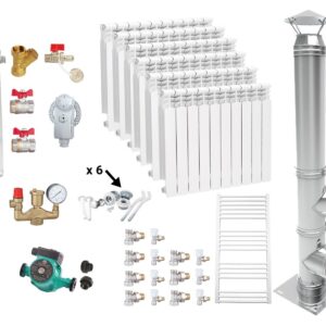 Pachet Centrala pe combustibil solid Fiama W 35 kW, Puffer 1000 litri, Cos inox, Calorifere aluminiu, Boiler Termoelectric, Vas Expansune, Pompa si Fitinguri Montaj