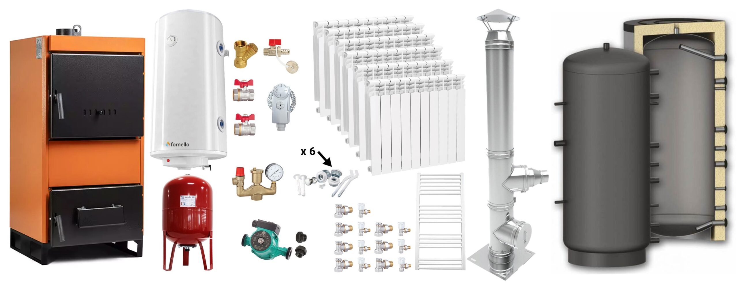 Pachet Centrala pe combustibil solid Fiama W 35 kW, Puffer 1000 litri, Cos inox, Calorifere aluminiu, Boiler Termoelectric, Vas Expansune, Pompa si Fitinguri Montaj