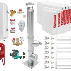 Pachet Centrala pe combustibil solid Fiama W 45 kW, Puffer 1000 litri, Cos inox, Radiatoare Otel, Boiler Termoelectric, Vas Expansune, Pompa si Fitinguri Montaj