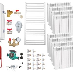 Pachet Centrala pe combustibil solid Fiama W 45 kW, Puffer 1000 litri, Calorifere aluminiu, Boiler Termoelectric, Vas Expansune, Pompa si Fitinguri Montaj