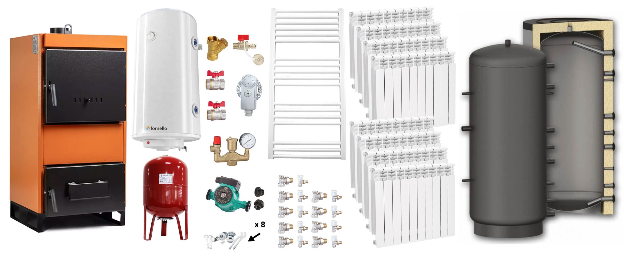 Pachet Centrala pe combustibil solid Fiama W 45 kW, Puffer 1000 litri, Calorifere aluminiu, Boiler Termoelectric, Vas Expansune, Pompa si Fitinguri Montaj