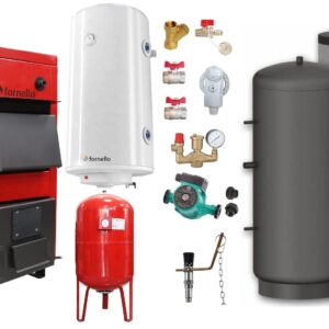 Pachet Centrala pe combustibil solid Fornello Eco Energy WB 40 kW, Puffer 1000 litri, Boiler Termoelectric, Vas Expansune, Pompa si Fitinguri Montaj