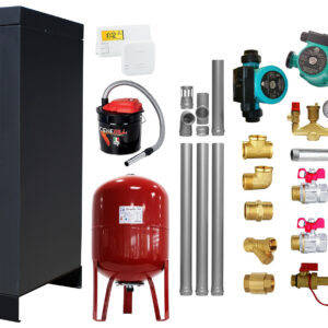 Pachet Centrala pe peleti Fornello Eco Energy 35 kW, echipata cu automatizare, afisaj digital, arzator fonta, curatare mecania a drumurilor de fum, buncar peleti integrat 75 kg, boiler termoelectric, kit evacuare, aspirator, termostat, vas exp