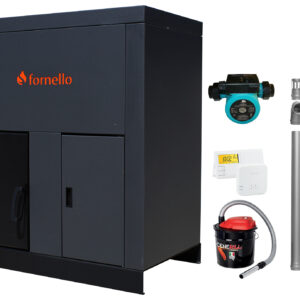 Pachet Centrala pe peleti Fornello Eco Energy 40 kW, echipata cu automatizare, pompa, afisaj digital, arzator fonta, curatare mecania a drumurilor de fum, buncar peleti integrat 100 kg, kit evacuare 3.5 ml, termostat ambient si aspirator cenusa