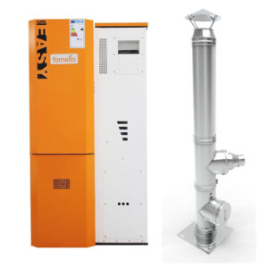Pachet Centrala pe peleti Fornello Slimpel Easy 25 kw, arzator inox, pompa de circulatie, tiraj fortat 80 mm, pompa electronica Grundfos, sistem curatare mecanica, A+, Cos inox 6 ml 120 mm