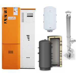 Pachet Centrala pe peleti Fornello Slimpel Easy 25 kw, arzator inox, pompa de circulatie, tiraj fortat 80 mm, pompa electronica Grundfos, sistem curatare mecanica, A+, Puffer P 500l, Cos inox 6 ml 120 mm, Boiler Termoelectric Fornello 100l