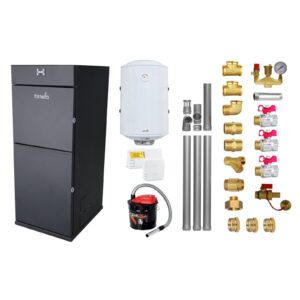 Pachet Centrala peleti Fornello Pellet King 30 kw, complet echipata pentru incalzire, pompa circulatie, vas expansiune, automatizare, kit evacuare 3.5 ml, Boiler Termoelectric Fornello 100 l, Termostat SALUS 091FLRF, Aspirator si kit montaj