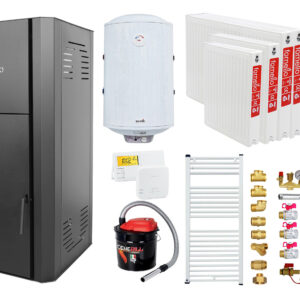Pachet Centrala peleti Fornello Primo Pellet Black 25 kw, complet echipata pentru incalzire, pompa, vas expansiune, automatizare, kit evacuare 3.5 ml, Boiler Termoelectric 100 l, Termostat Salus 091FLRFV2, Aspirator , Calorifere si kit montaj