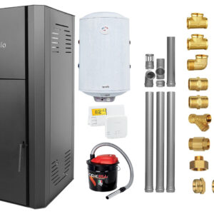 Pachet Centrala peleti Fornello Primo Pellet Black 30 kw, complet echipata pentru incalzire, pompa, vas expansiune, automatizare, kit evacuare 3.5 ml, Boiler Termoelectric Fornello 100 l, Termostat Salus 091FLRFV2, Aspirator si kit montaj