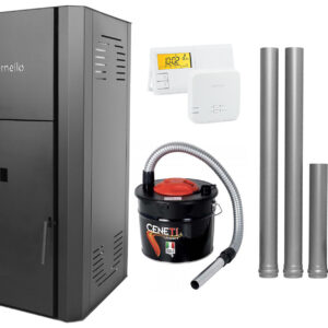 Pachet Centrala peleti Fornello Primo Pellet Black 30 kw, complet echipata cu pompa, vas expansiune, automatizare, culoare negru, kit evacuare 2.5 ml, Termostat Salus 091FLRFV2, Aspirator Cenusa