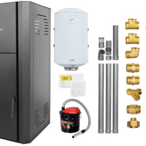 Pachet Centrala peleti Fornello Primo Pellet Black 25 kw, complet echipata pentru incalzire, pompa, vas expansiune, automatizare, kit evacuare 3.5 ml, Boiler Termoelectric Fornello 100 l, Termostat Salus 091FLRFV2, Aspirator si kit montaj