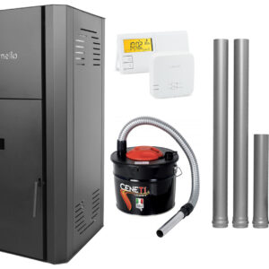 Pachet Centrala peleti Fornello Primo Pellet Black 25 kw, complet echipata pentru incalzire, pompa circulatie, vas expansiune, automatizare, kit evacuare 2.5 ml, Termostat Salus 091FLRFV2, Aspirator Cenusa