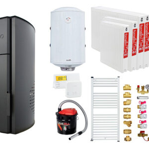 Pachet Centrala peleti Fornello Royal B 25 kw, complet echipata pentru incalzire, pompa circulatie, vas expansiune, automatizare, kit evacuare 3.5 ml, Boiler Termoelectric Fornello 100 l, Termostat Salus 091FLRFV2, Aspirator, Radiatoare si kit mo