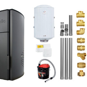Pachet Centrala peleti Fornello Royal B 25 kw, complet echipata pentru incalzire, pompa circulatie, vas expansiune, automatizare, kit evacuare 3.5 ml, Boiler Termoelectric Fornello 100 l, Termostat Salus 091FLRFV2, Aspirator si kit montaj