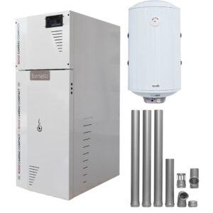 Pachet Centrala termica compacta pe peleti Fornello Rossi Camino Compact 25 kw, pompa de circulatie, vas expansiune, tiraj fortat, Ecodesign, A+, Boiler Termoelectric Fornello 100l si kit evacuare 80 mm, 3,5 metri