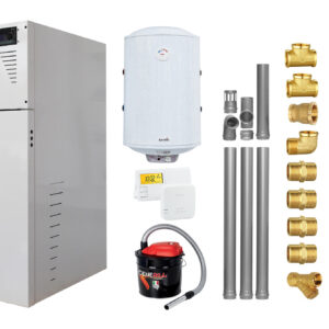 Pachet Centrala termica compacta pe peleti Fornello Rossi Camino Compact 25 kw, pompa de circulatie, vas expansiune, tiraj fortat, Ecodesign, A+, Kit evacuare 3.5 ml, Boiler Termoelectric Fornello 100 l, Termostat Salus 091FLRFV2, Aspirator si Kit mo