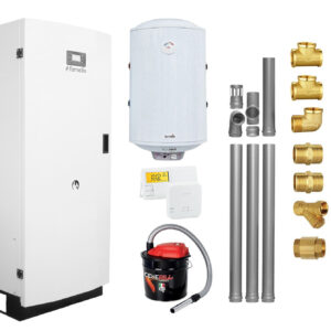 Pachet Centrala termica pe peleti Fornello GT 30 Standard, echipata cu pompa circulatie Wilo, vas expansiune, manometru, boiler fornello 100 l, kit evacuare 3.5 ml, Termostat Salus 091FLRFV2 si Aspirator Cenusa, fitinguri