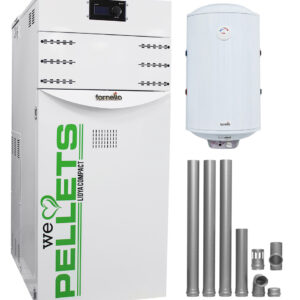 Pachet Centrala termica pe peleti Fornello Lidya Compact 25 kw, echipata cu pompa electronica Grundfos, vas expansiune, manometru, aerisitor, supapa, arzator inox, A+, Cos inox 6 ml 120 mm