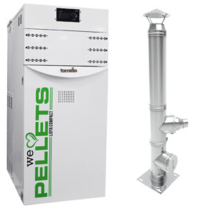 Pachet Centrala termica pe peleti Fornello Lidya Compact 25 kw, echipata cu pompa electronica Grundfos, vas expansiune, manometru, aerisitor, supapa, arzator inox, A+, Cos inox 6 ml 120 mm