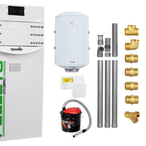 Pachet Centrala termica pe peleti Fornello Lidya Compact 25 kw, pompa Grundfos, arzator inox, curatare mecanica arzator si schimbator, A+, Kit evacuare 3.5 ml, Boiler Fornello 100 l, Termostat Salus 091FLRFV2, Aspirator si Kit montaj