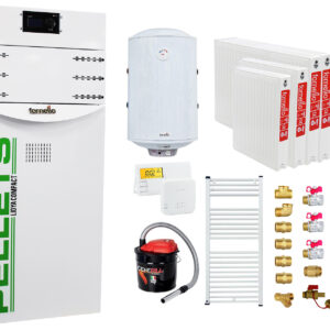 Pachet Centrala termica pe peleti Fornello Lidya Compact 25 kw, pompa Grundfos, arzator inox, curatare mecanica arzator si schimbator, A+, Kit evacuare 3.5 ml, Boiler Fornello 100 l, Termostat Salus 091FLRFV2, Aspirator, Radiatoare si Kit montaj