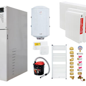 Pachet Centrala termica pe peleti Fornello Rossi Camino Compact 35 kw, pompa de circulatie, vas expansiune, tiraj fortat, Ecodesign, A+, Boiler Termoelectric Fornello 100 l, Termostat Salus 091FLRFV2, Aspirator, Radiatoare si Kit