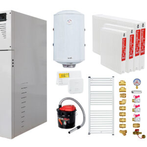 Pachet Centrala termica pe peleti Fornello Rossi Camino Compact 25 kw, pompa de circulatie, vas expansiune, tiraj fortat, Ecodesign, A+, Kit evacuare 3.5 ml, Boiler Termoelectric Fornello 100 l, Termostat Salus 091FLRFV2, Aspirator, Radiatoare si Kit