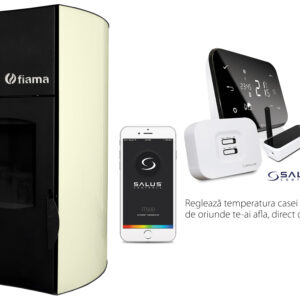 Pachet control de la distanta Termosemineu centrala peleti Fiama Avorio 25 kw, pompa, vas expansiune, automatizare , telecomanda, buncar peleti 30 kg, tiraj fortat, automata, pana la 160 mp si termostat Wi-Fi Salus IT 500