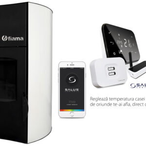 Pachet control de la distanta Termosemineu centrala peleti Fiama Bianco 25 kw, pompa, vas expansiune, automatizare, telecomanda, buncar peleti 30 kg, tiraj fortat, culoare alb si termostat Wi-Fi Salus IT 500