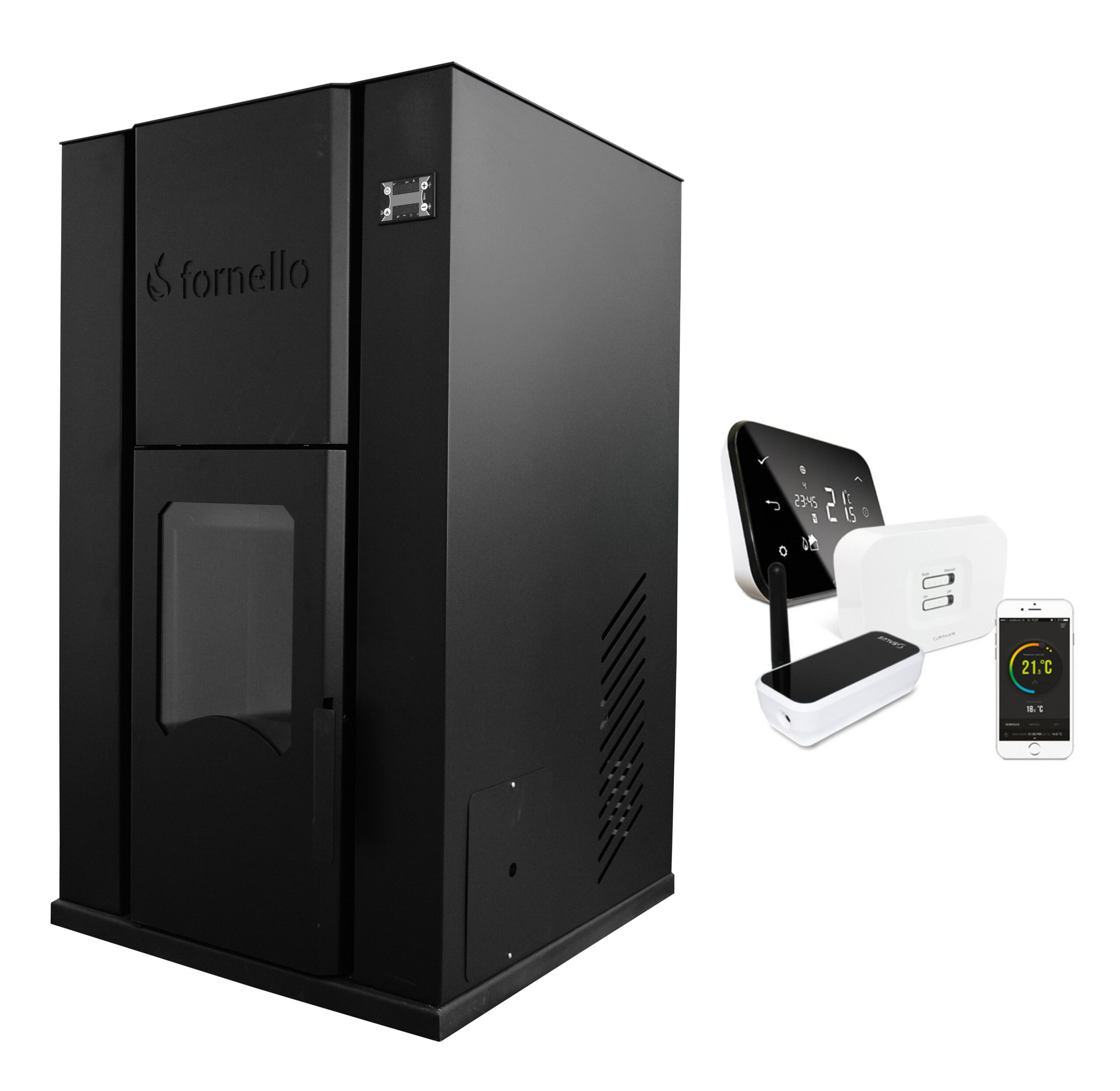 Pachet Control de la distanta Termosemineu pe peleti Fornello Pellet King 35 kw, pompa, vas de expansiune, supapa, automatizare, tiraj fortat, buncar peleti 80 litri si termostat Wi-Fi Salus IT 500