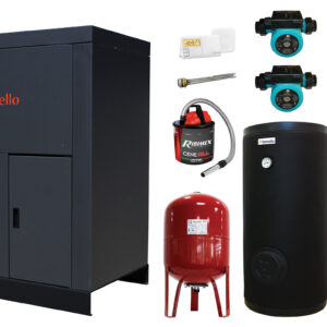 Pachet format din Centrala pe peleti Fornello Eco Energy 35 kW, Pompe circulare, Vas Expansiune, Boiler termoelectric de sol, Cos inox, Termostat ambient si Aspirator cenusa