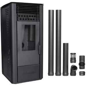 Pachet Semineu soba pe peleti cu aer cald, Fornello Sophia Premium 11 kw, aprindere electrica, tiraj fortat, telecomanda, culoare Black, recomandat pentru 110 mp, focar din fonta, capacitate buncar 22 kg, Kit evacuare 2.5 ml
