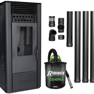 Pachet Semineu soba pe peleti cu aer cald, Fornello Sophia Premium 11 kw, aprindere electrica, tiraj fortat, telecomanda, culoare Black, recomandat pentru 110 mp, focar din fonta, capacitate buncar 22 kg, Kit evacuare 3.5 ml si Aspirator Cenusa