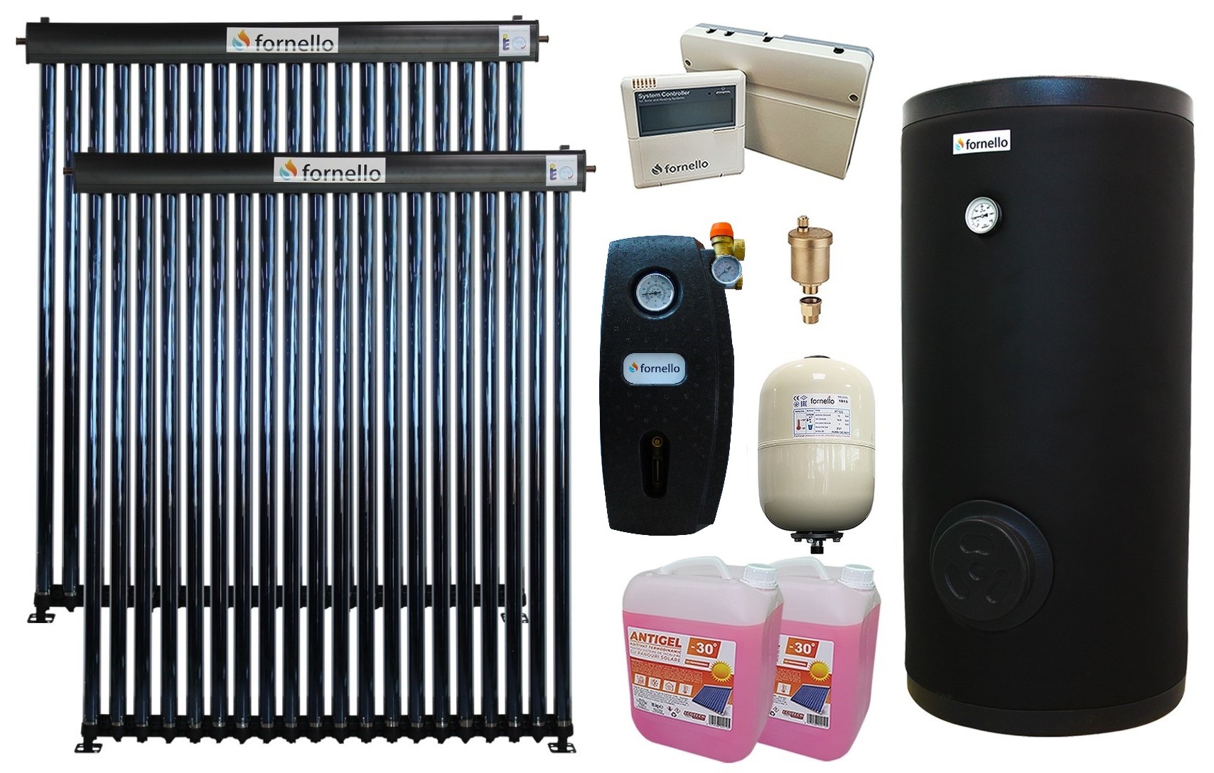 Pachet sistem solar presurizat Fornello 40 Tuburi Heat Pipe, Grup pompare, Boiler cu 2 serpentine Fornello SOL 300 LT 2S, controller, vas expansiune, Aerisitor 1/2, Antigel
