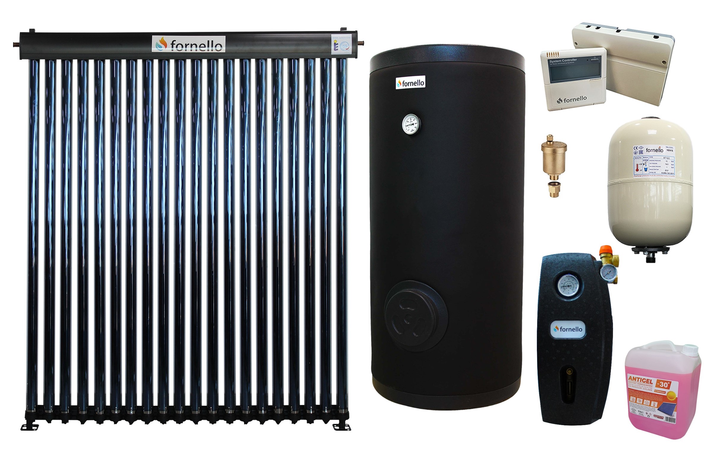 Pachet sistem solar presurizat, panou Fornello 20 Tuburi Heat Pipe, Grup pompare, Boiler cu 2 serpentine FORNELLO SOL 150 LT 2S, controller, Vas expansiune, Aerisitor 1/2, Antigel